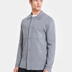 Alfani Mens Knit Button Down Shirt Jacket Cement Grey Heather 100185674MN Small